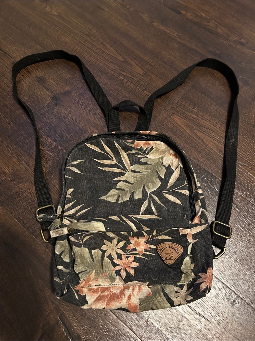 Billabong Black Floral Mini Backpack with Green & Peach Leaves